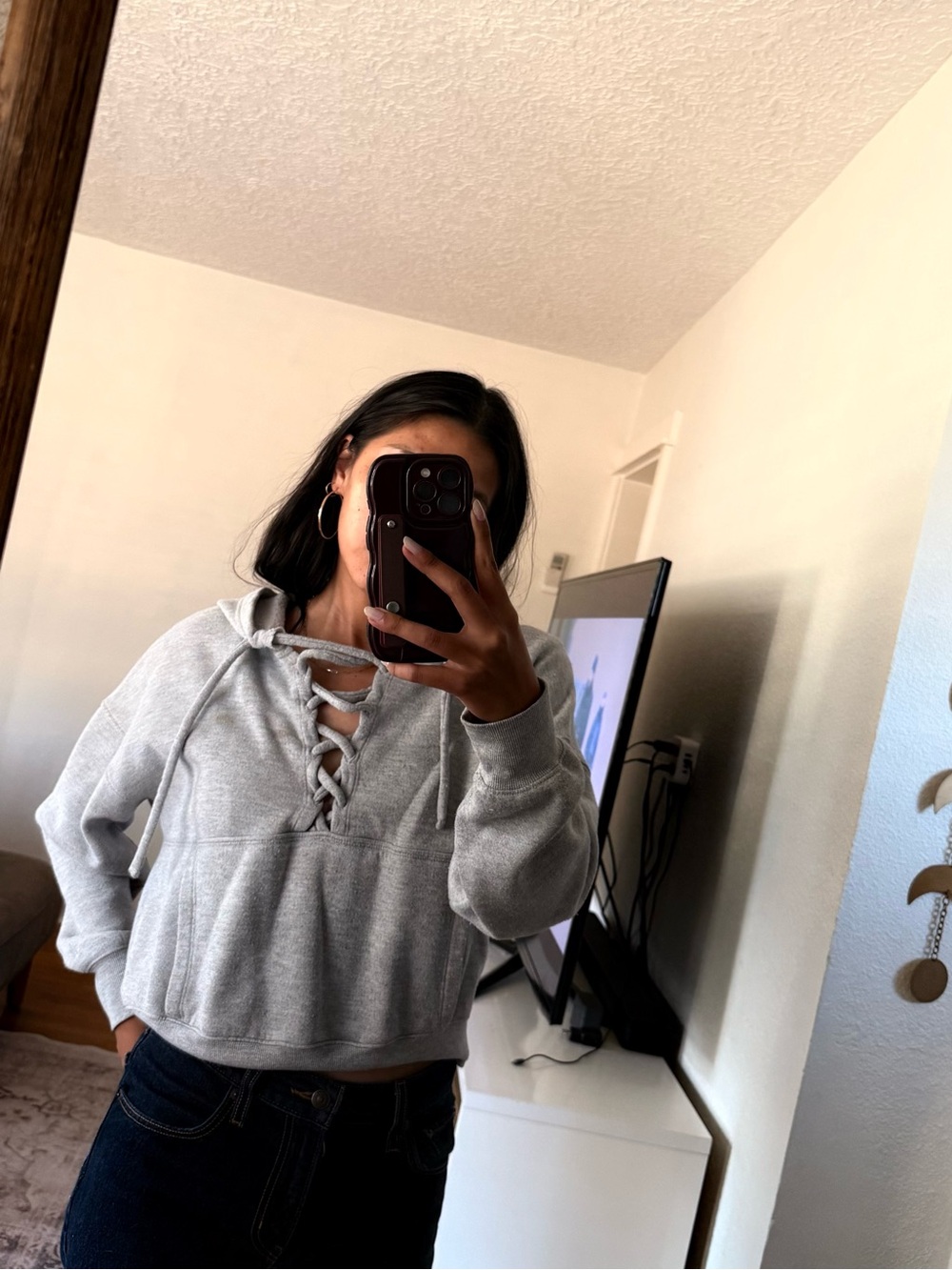 Free People Gray Lace-Up Cropped Hoodie